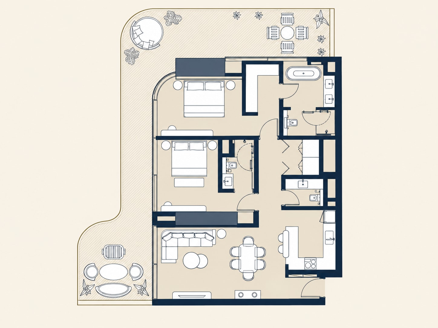 2-bedroom Address Residences floor plan redrawn from the supplied plan in navy and ivory