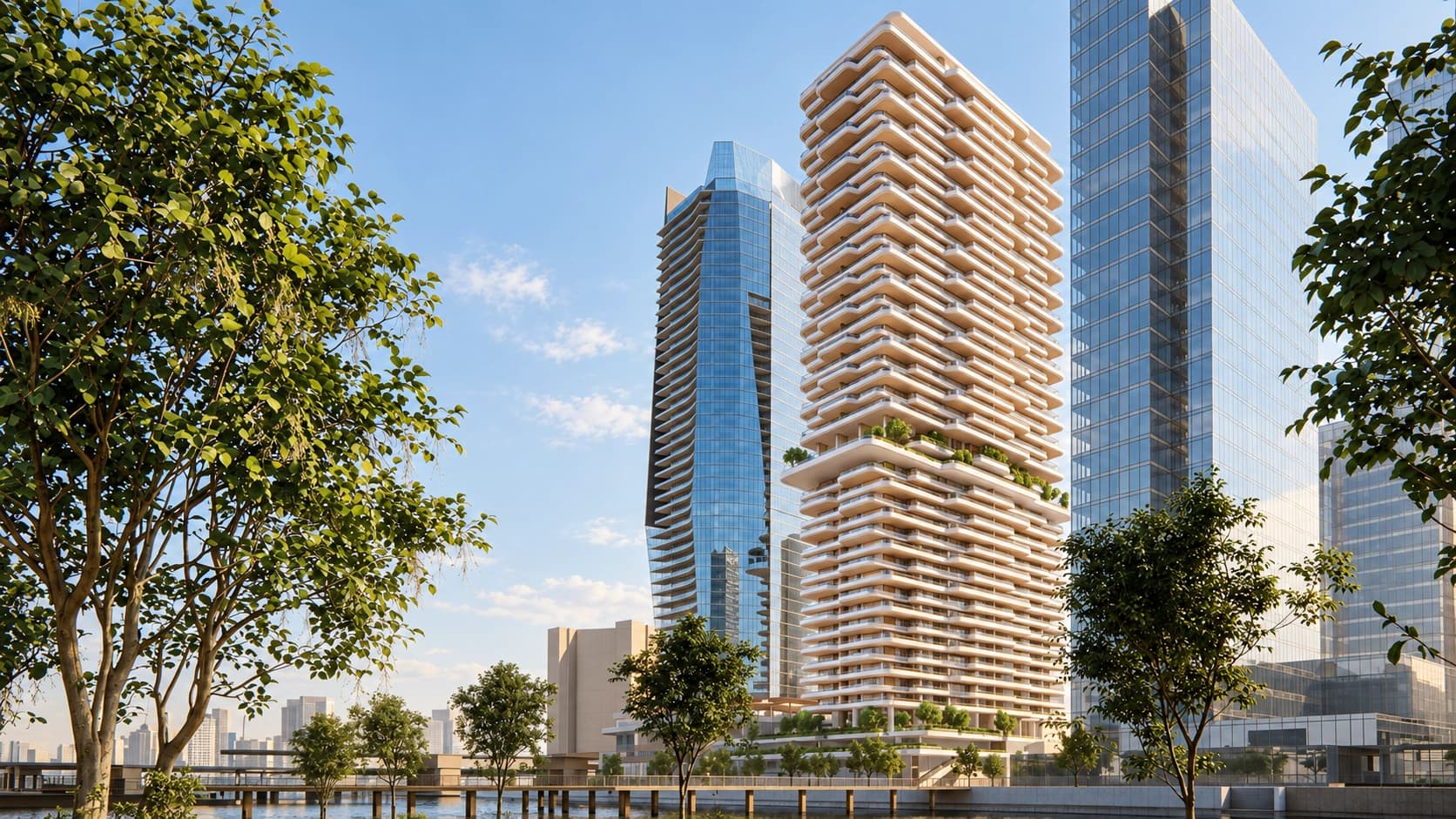 AI-enhanced presentation based on the supplied Address Residences facade, with stepped balconies and planted terraces
